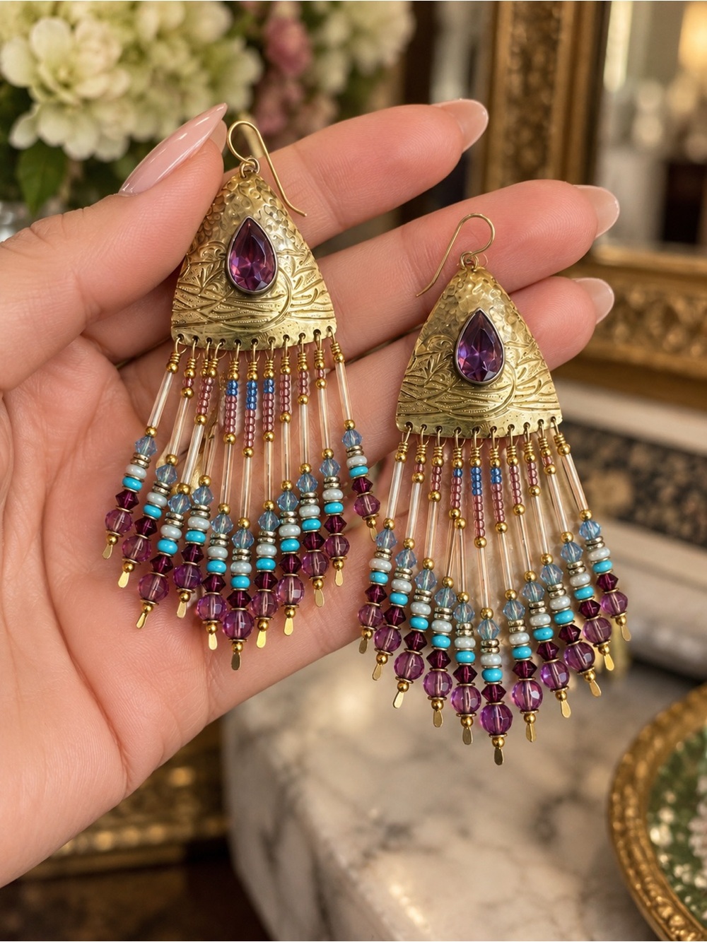 Vintage Signed TABRA Chandelier Earrings Purple Turquoise Beaded Boho Artisan